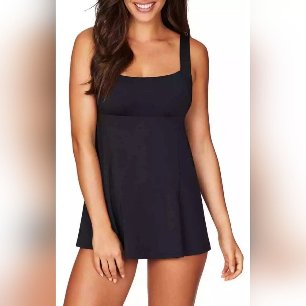 Sea Level Swim Skirted One-Piece Swimsuit Square Neck Swim Dress Black 10 NWOT